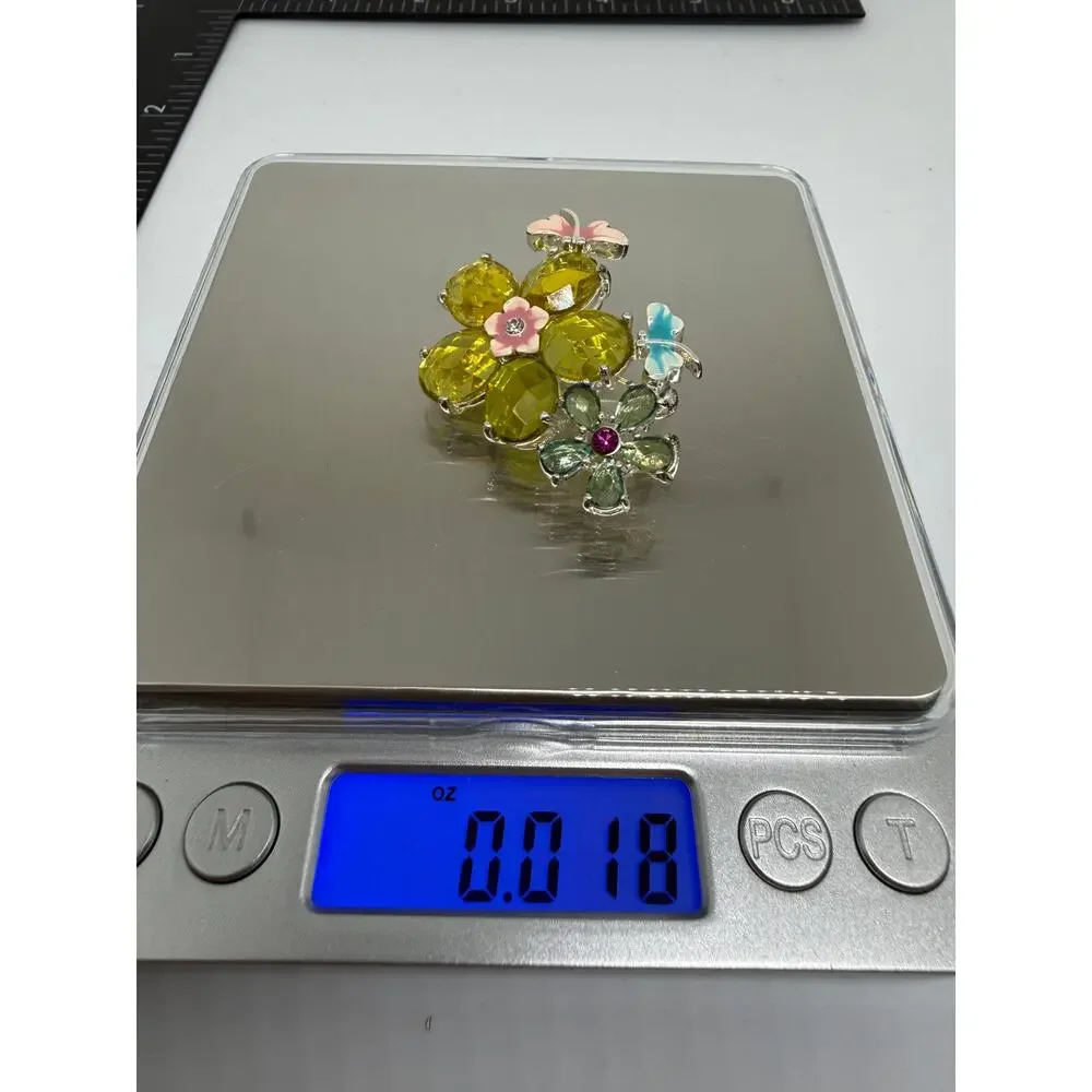 VINTAGE Butterfly Floral Brooch Pink Blue Enamel Green Yellow Crystal Flower Pin